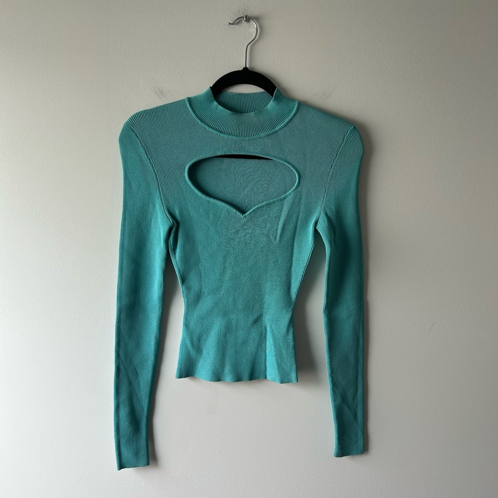 Staud turquoise ribbed long sleeve top with cutout
